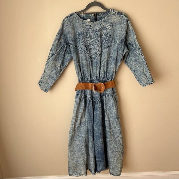 Vintage 1980s Claudine Bueche Acid Wash Denim Midi 3/4 Sleeve Dress Size Medium - Picture 2 of 7